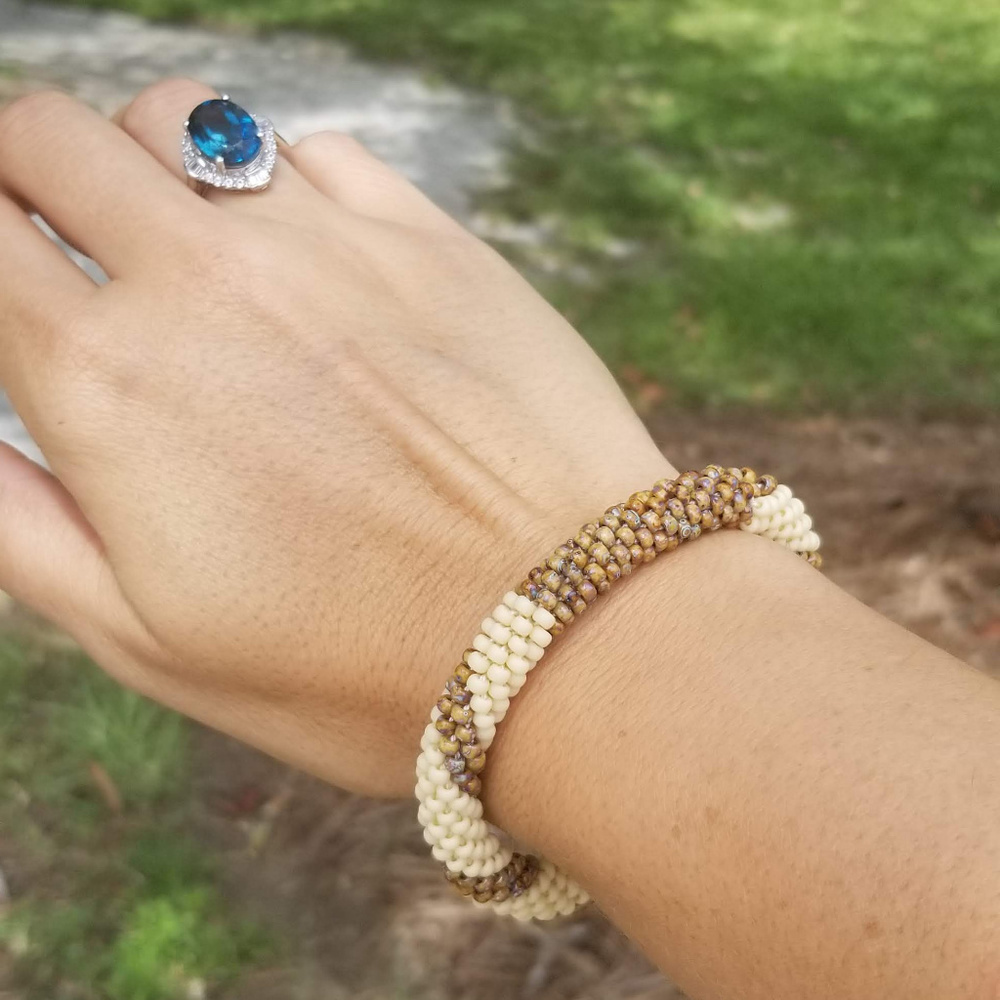 Brown/Cream Beaded Crochet Bracelet